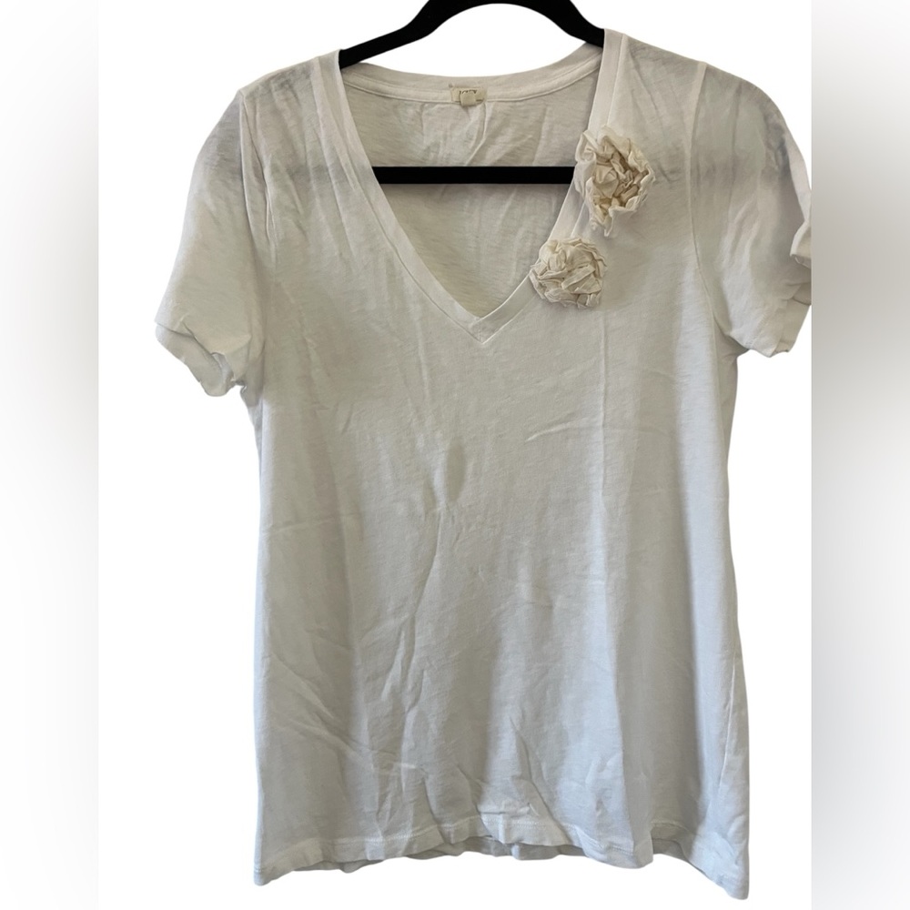J. Crew Tan and White Ruffled Embellished Short Sleeve Tee
